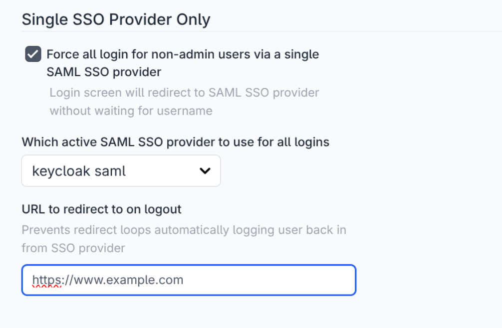 SSO settings page showing the option to force all non-admin users to log in via a single SAML SSO provider
