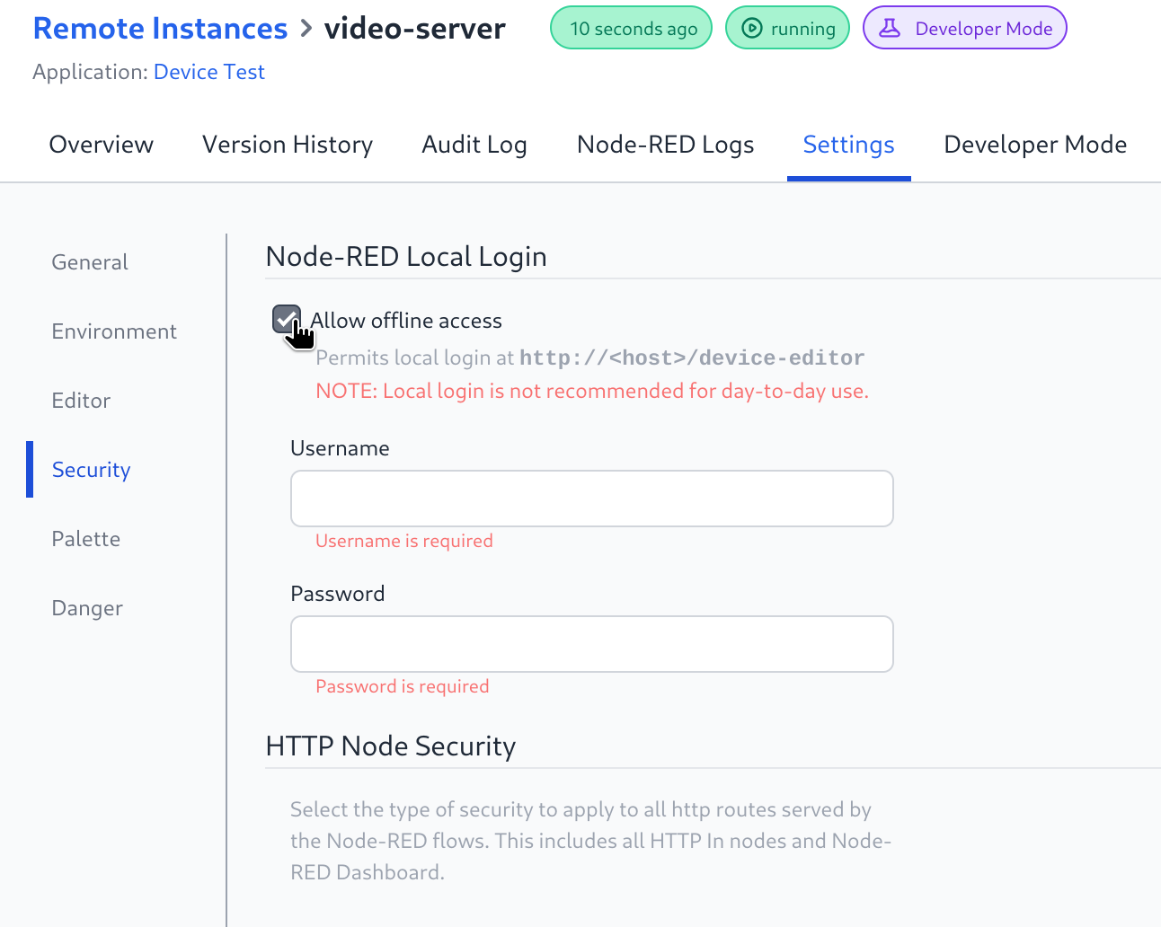 Local Auth settings for Remote Instance